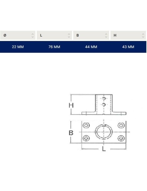 Gerader rechteckiger Sockel 90° Ø 22 mm. Edelstahl AISI 316