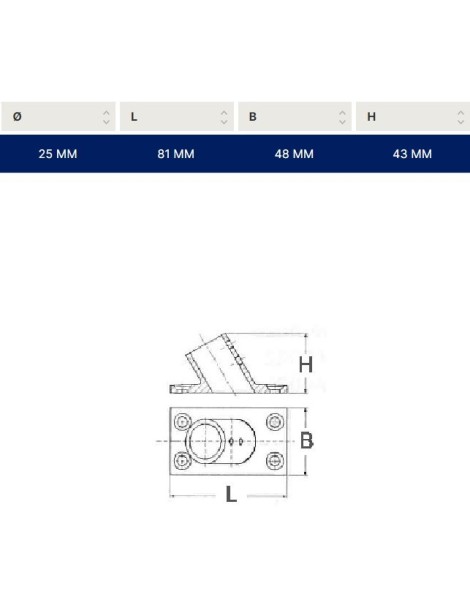 Base rectangulaire inclinée à 60° Ø mm. 25 acier inoxydable AISI 316