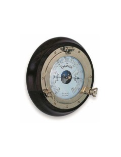 Barometer aus poliertem Messing auf Mahagonisockel