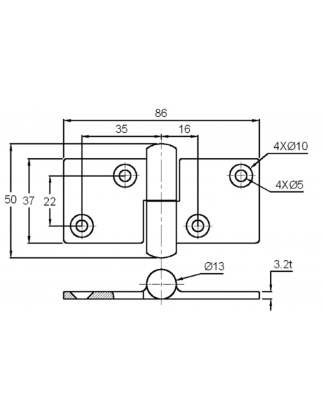 Abnehmbares Scharnier für Türen und Motorhauben aus 86x50 mm Edelstahl Aisi 304.